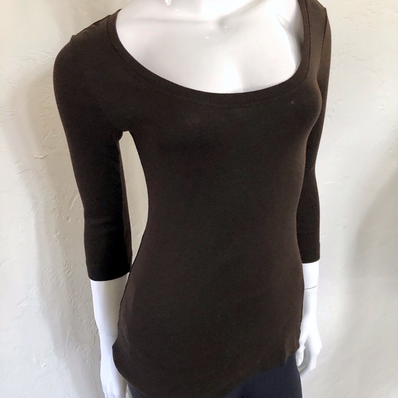 Joan Vass Studio Brown Scoop Neck Tee ¾ Sleeves - Picture 1 of 6